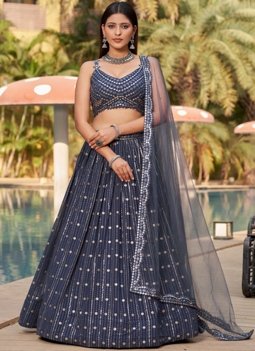 Sequence Embroidery Work Georgette Latest Grey Lehenga Choli